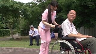 Subtitled bizarre Japanese half naked caregiver outdoors