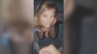 Whore choking on dick and taking a little facial