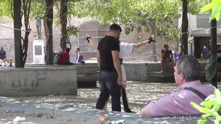 Busty Euro babe rides cock in public