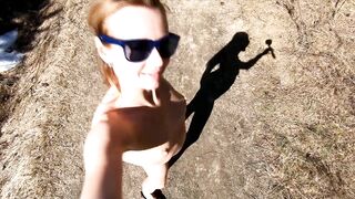 Naked Russian girl walks in the forest in spring