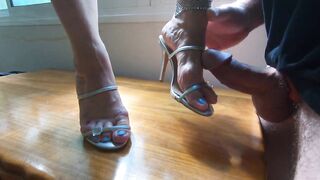 cumshot all over wife high heels mules sandals