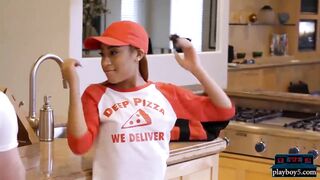 Tiny black pizza delivery teen bangs a big dick client