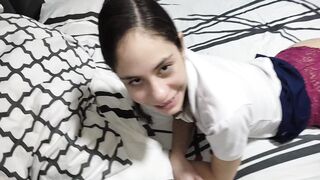 Stepfather fucks his sch0olgirl stepdaughter when he sees her alone in her room