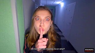 While Parents Are At Home We Fuck In The Staircase - Cum In Panties And Wear - POV - Public