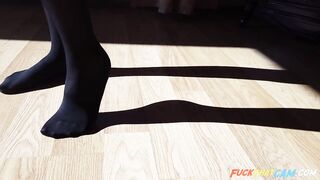 Passionate MILF in black pantyhose rubs her wet pussy and gets orgasm close