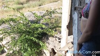 Naughty slut fucks ass on an abandoned construction site