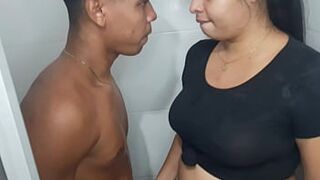 The cleaning whore enters the bathroom while I'm masturbating and gives me a handjob