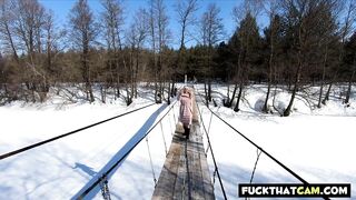 Russian Nude Girl in forest on bridge and with ships