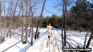 Russian Nude Girl in forest on bridge and with ships