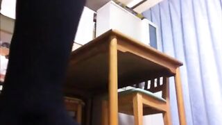 Japanese girl humps table to quiet orgasm (self-shot)