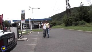Old Tramp Sucking Two Guys of in a Car