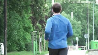 Beautiful teen Alexis Crystal PUBLIC threesome on the street with guys big dick