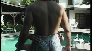 Busty MILF sits on stud's hard cock by the pool after BJ