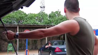 Super busty babe from Germany pleasing a hard cock on the parking lot with her holes