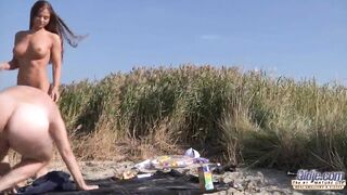Old and young horny couple fucking at the beach