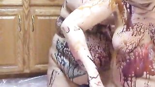 Fat and BBW latinas use creams on their bodies in the kitchen