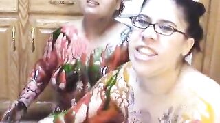Fat and BBW latinas use creams on their bodies in the kitchen