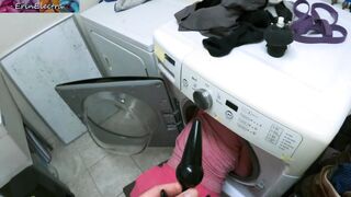 Stepmom stuck in the washing machine takes it in both holes to keep it a secret