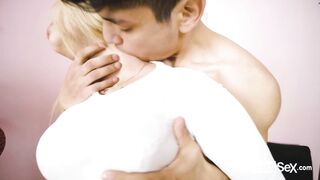 Young girl with big tits is convinced by stepbrother to fuck her while they play affectionately