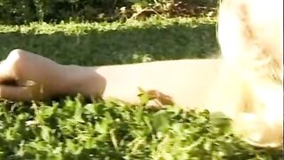 Magnificent German blonde gets her mouth filled in the backyard