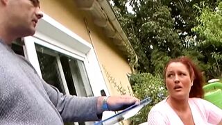 Good looking babe from Germany swallowing warm cum in the backyard