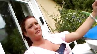 Good looking babe from Germany swallowing warm cum in the backyard