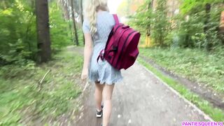 Public dare - stepsister walks around naked outdoors in park and plays with remote control vibrator in her pussy
