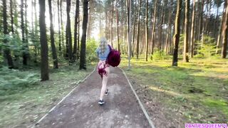 Public dare - stepsister walks around naked outdoors in park and plays with remote control vibrator in her pussy