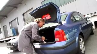 Small titted German chick fucking with a wild dude at the parking lot