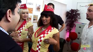 Good looking girls playing with multiple hard cocks together