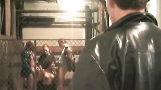 Curly latina brunette sucks off three dudes in parking garage