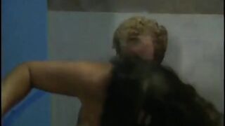 Sexy brunette sits on the toilet while getting her pussy licked and fucked