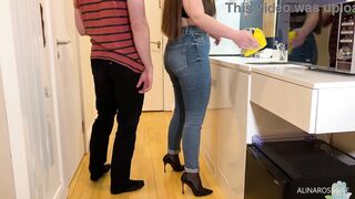 Step mom pulled down her jeans so I can jerk off and cum on her pantyhose ass