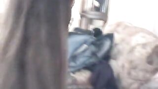 Dude kneels to eat slim brunette's pussy then she sucks his small dick
