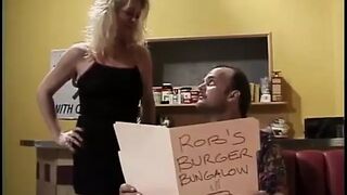 Horny guy gets his cock sucked by MILF in restaurant booth then fucks her