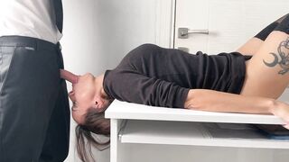 The secretary deepthroat sucks boss's dick and he cums on her face