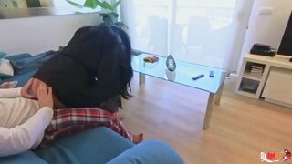The stepmother accidentally sat on her stepson's penis and couldn't tear herself away from him until he filled her with sperm