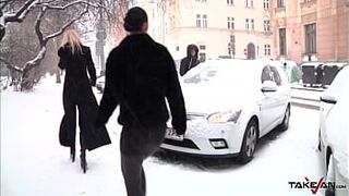 Three hotties sneaking amateur dude into the car for good fuck