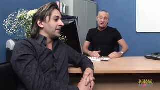 Dolled up blonde comes to the casting and gets fucked by older men in a threesome