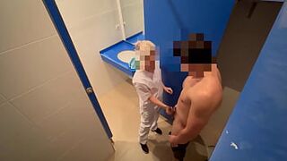 I surprise the gym cleaning girl who when she comes in to clean the toilet she catches me jerking off and helps me finish cumming with a blowjob