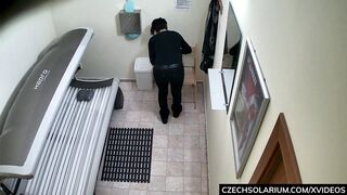 Luxury Busty brunette masturbates in solarium