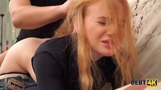 DEBT4k. Cunning guy fucks shaved pussy of red-haired cutie for the debt