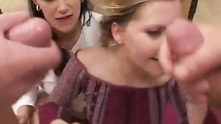Two girlfriends suck and fuck two doctors with facials