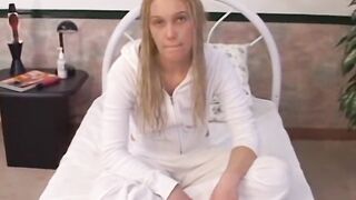 Watching my blonde girlfriend finger her shaved pussy