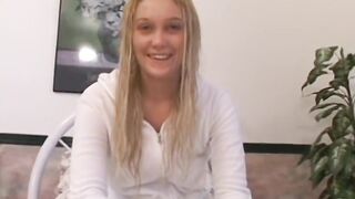 Watching my blonde girlfriend finger her shaved pussy