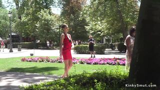 Ebony slave fucked and pissed in public
