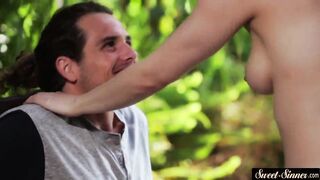 Amazing beauty riding stepbros cock outdoors