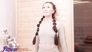 Fitness Rooms FFM hardcore 3 way cute Asian and tattooed blonde babe go crazy on fighter's big dick