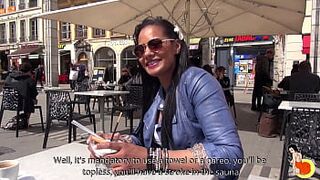 Sexy brunette stewardess Clélie tries a libertine sauna for the first time