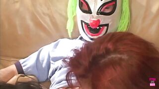 Thick redhead and brunette busty Latinas enjoy an anal threesome with the masked hung man